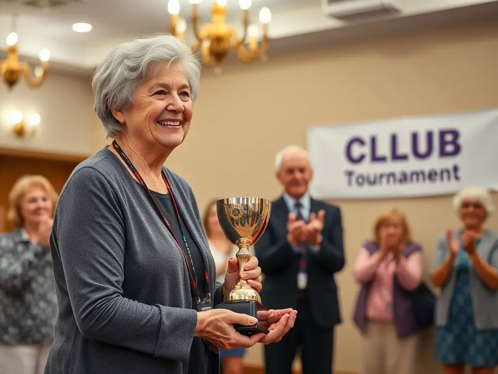 An image showcasing a successful bridge player receiving an award at a club tournament, highlighting the sense of achievement and recognition within the community.