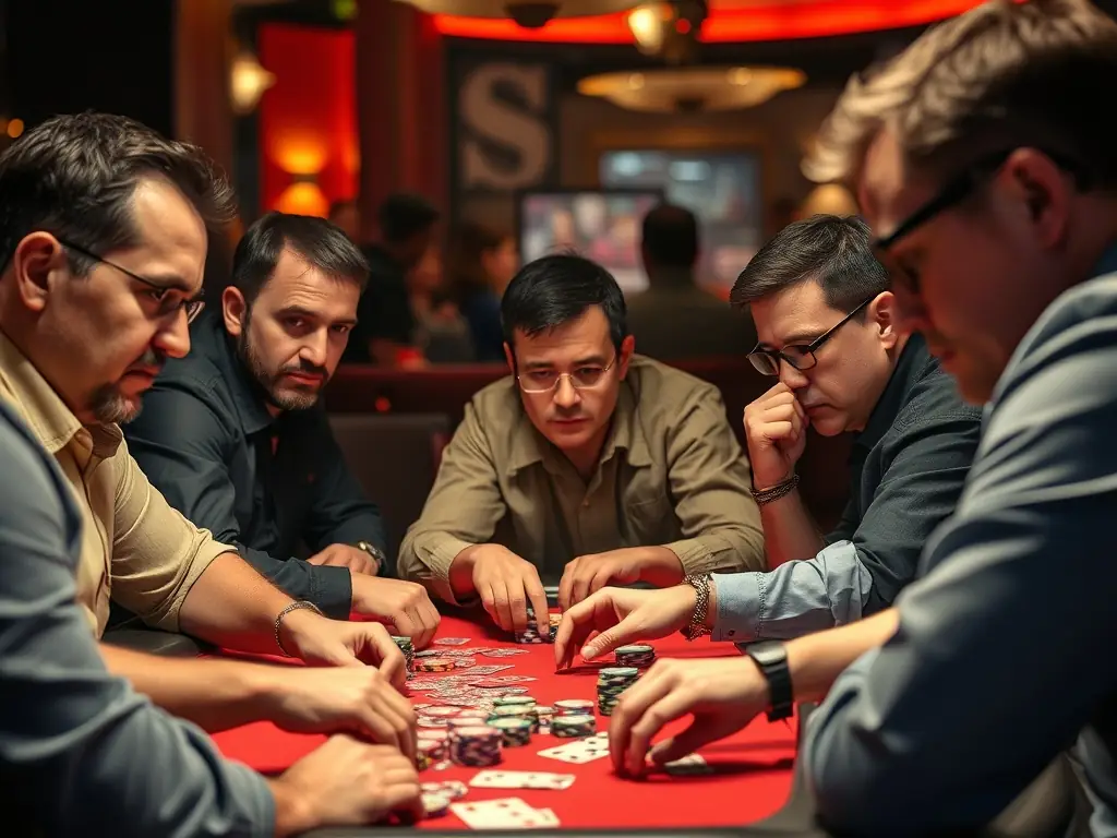 A close-up shot of hands skillfully playing bridge, focusing on the cards and the intense concentration of the players. The background shows a friendly, well-lit club setting.