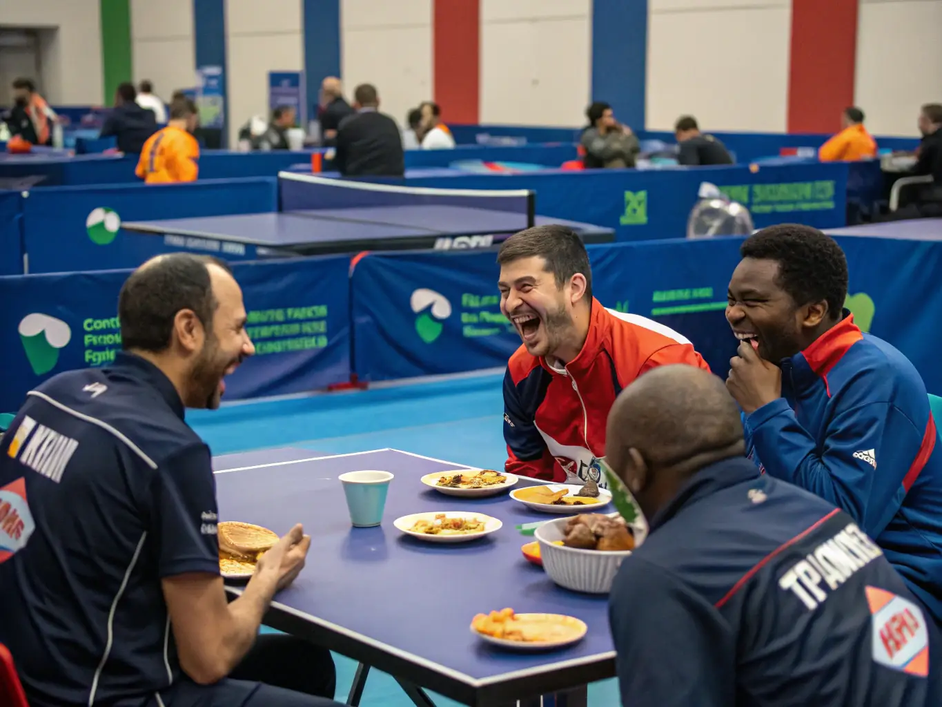 A group of diverse individuals laughing and enjoying each other's company during a break at a bridge tournament. The atmosphere is relaxed and inclusive.